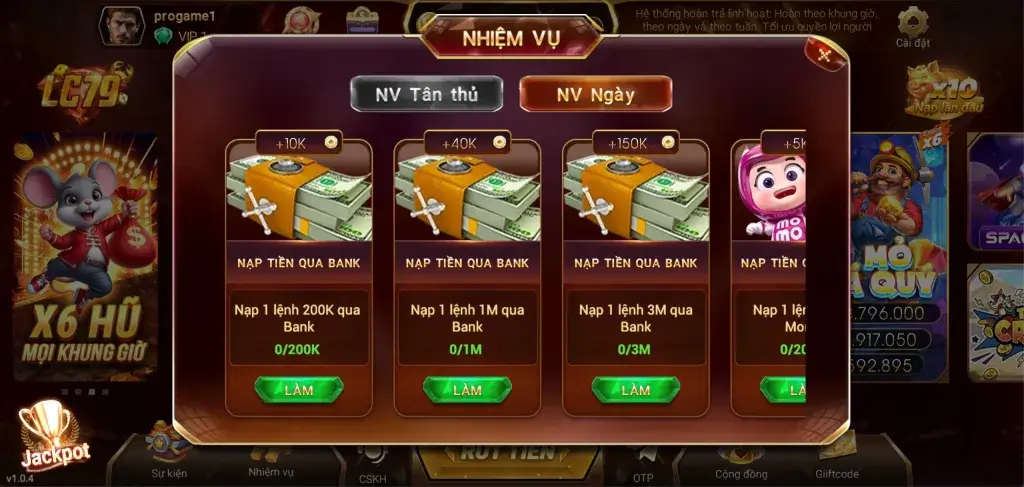 Nhiệm vụ nạp tiền ngày tại LC79