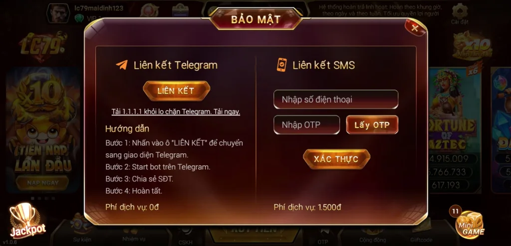 Hướng dẫn liên kết bảo mật tài khoản LC79 qua Telegram và OTP SMS