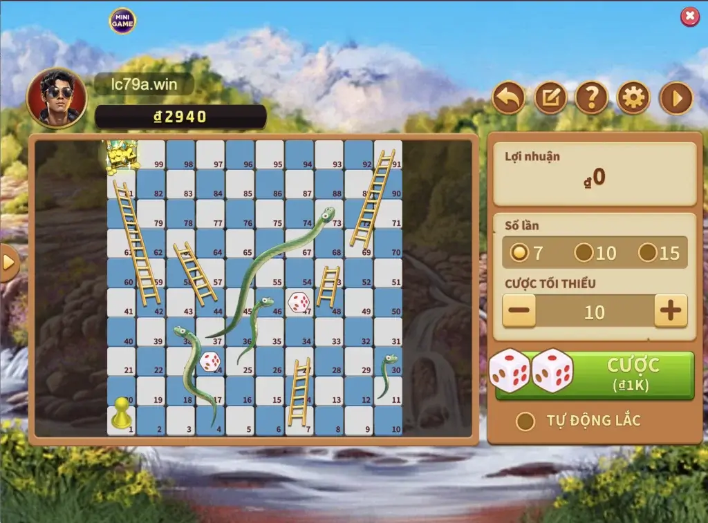 Bàn cờ Snakes and Ladders tại LC79 – hướng dẫn cách chơi, chọn số lần tung & mức cược.