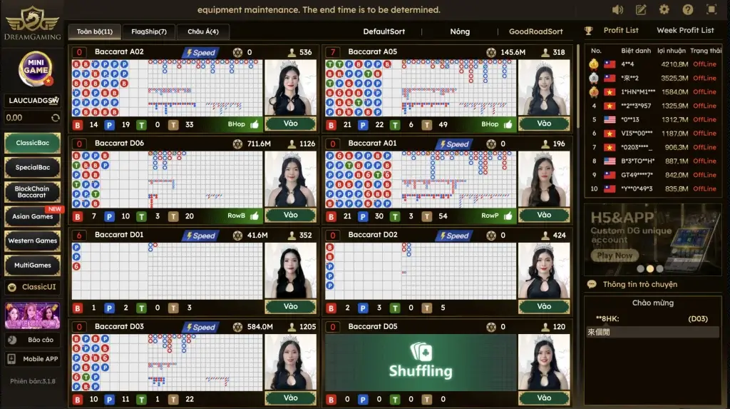 Giao diện sảnh live casino DreamGaming DG tại LC79 với nhiều bàn baccarat và rồng hổ